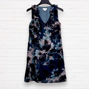 ANN TAYLOR LOFT  Blue Gray V-Neck Watercolor Ruffle Sleeveless Dress Women's 6